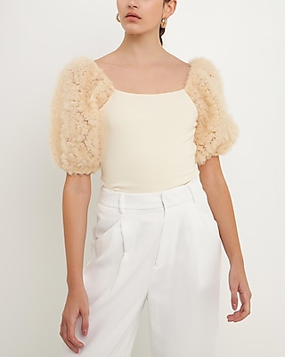 Endless Rose Tulle Puff Sleeve With Knit Top White Women's XS