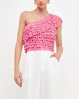 Endless Rose Ruffled One Shoulder Crop Top Pink Women's M