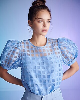 English Factory Plaid See Through Puff Sleeve Top Blue Women's XS