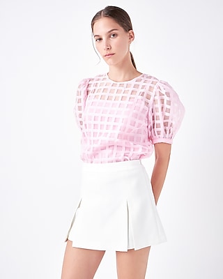English Factory Plaid See Through Puff Sleeve Top Pink Women's S