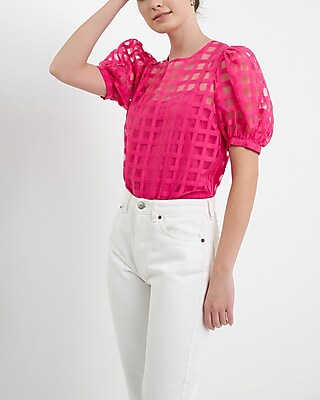 English Factory Plaid See Through Puff Sleeve Top Pink Women's M
