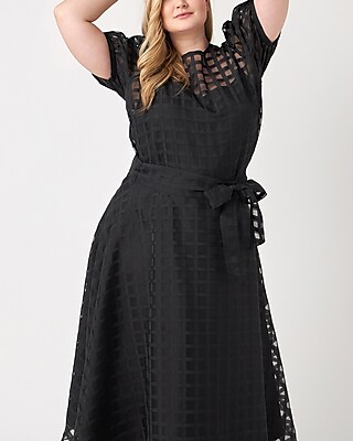 English Factory Plus Size Plaid See Through Puff Sleeve Top Black Women's 1X