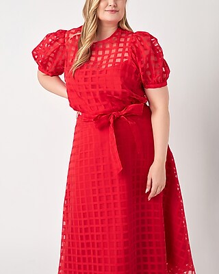 English Factory Plus Size Plaid See Through Puff Sleeve Top Red Women's 3X