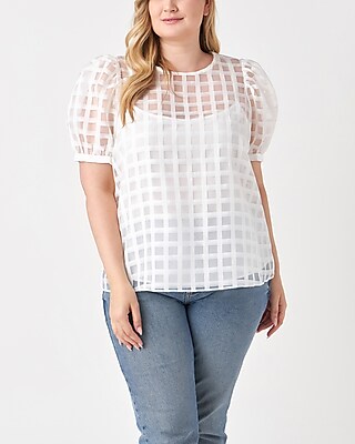 English Factory Plus Size Plaid See Through Puff Sleeve Top White Women's 1X