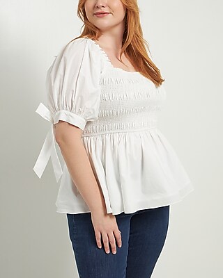 English Factory Plus Size Smocked Bow Tie Peplum Top White Women's 1X