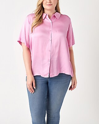 English Factory Plus Size Satin Short Sleeve Button Up Shirt Pink Women's 1X