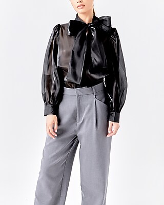 Endless Rose Long Sleeve Organza Bow Top Black Women's XS