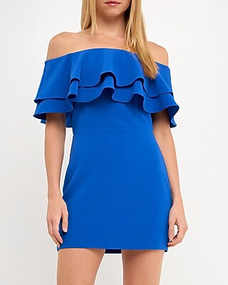 Endless Rose Ruffle Off The Shoulder Mini Dress Blue Women's M