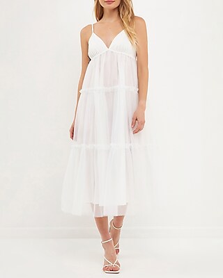 Cocktail & Party English Factory Tulle Contrast Midi Dress White Women's M