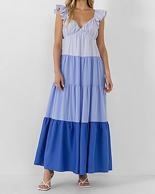 English Factory Color Block Maxi Dress Blue Women's L