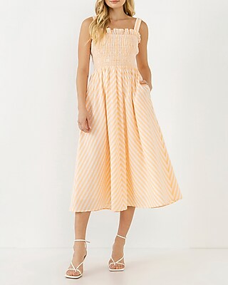Casual English Factory Striped Smocked Midi Dress Orange Women's L