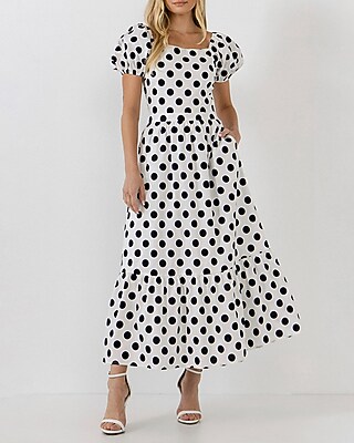 Casual English Factory Polka Dot Puff Sleeve Maxi Dress Multi-Color Women's XS