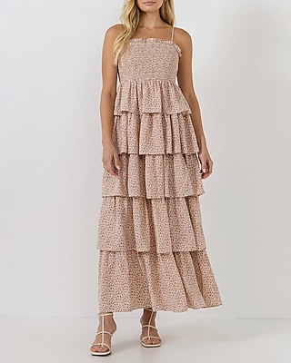 Casual Free The Roses Floral Smocked Tiered Maxi Dress White Women's L