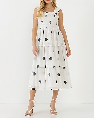 Casual English Factory Polka Dot Midi Smocked Dress Multi-Color Women's L