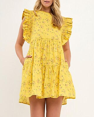 Casual English Factory Floral Smocking Mini Dress Yellow Women's XS
