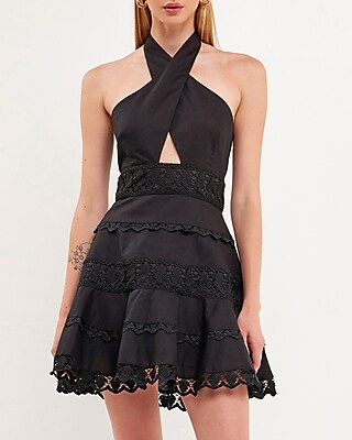 Halter Neck Lace Trim Dress