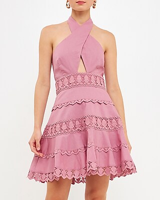 Cocktail & Party Endless Rose Halter Neck Lace Trim Mini Dress Pink Women's S