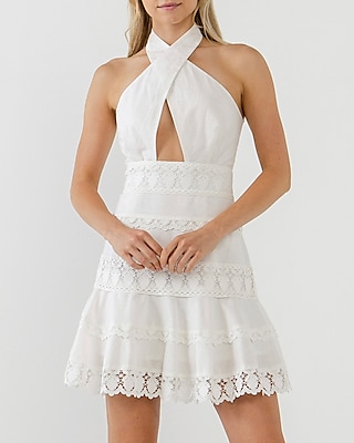 Cocktail & Party Endless Rose Halter Neck Lace Trim Mini Dress White Women's