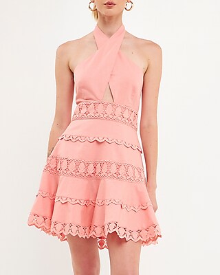 Cocktail & Party Endless Rose Halter Neck Lace Trim Mini Dress Pink Women's XS
