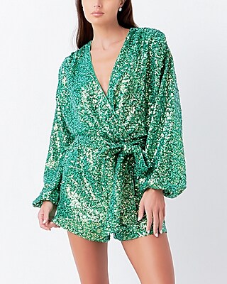 Cocktail & Party Endless Rose Sequins Belted Wrapped Romper Green Women's S