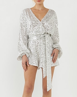 Cocktail & Party Endless Rose Sequins Belted Wrapped Romper White Women's XS