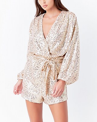 Cocktail & Party Endless Rose Sequins Belted Wrapped Romper Gold Women's XS