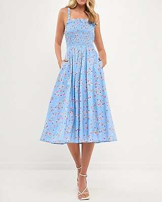 Casual English Factory Floral Print Smocked Dress Blue Women's L