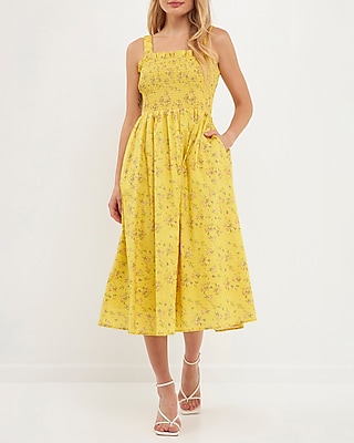 Casual English Factory Floral Print Smocked Dress Yellow Women's L