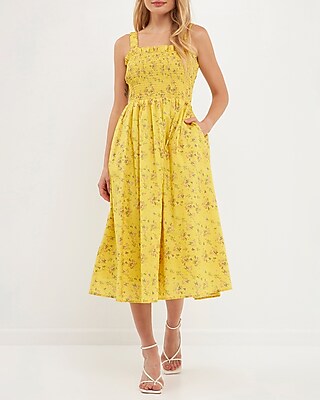 Casual English Factory Floral Print Smocked Dress Yellow Women s L