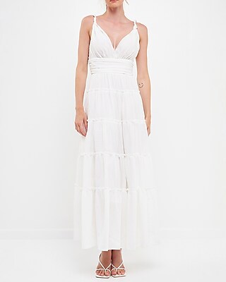 Casual Free The Roses Strap Twist Ruffled Crinkled Maxi Dress White Women's S