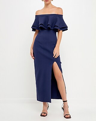 Cocktail & Party Endless Rose Off The Shoulder Ruffle Maxi Dress Blue Women's L