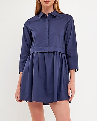 Work,Casual English Factory Shirt Mini Dress Blue Women's XS