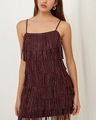 Cocktail & Party Endless Rose Embellished Rhinestone Suede Fringe Mini Dress Purple Women's M