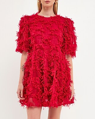 Cocktail & Party Endless Rose Gridded Mesh Feathered Puff Sleeve Mini Dress Purple Women's S