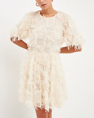 Cocktail & Party Endless Rose Gridded Mesh Feathered Puff Sleeve Mini Dress White Women's S