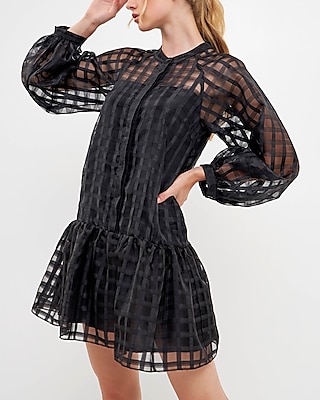 Cocktail & Party English Factory Check Organza Buttoned Long Sleeve Mini Dress Black Women's XS