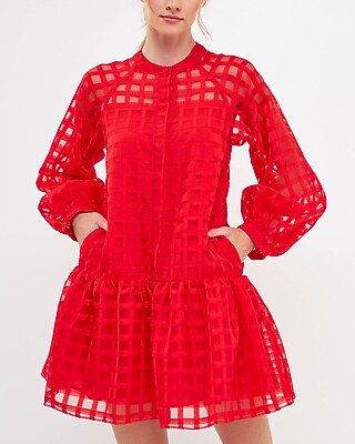 Cocktail & Party English Factory Check Organza Buttoned Long Sleeve Mini Dress Red Women's S