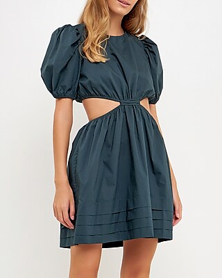 Casual English Factory Pleated Cut Out Mini Dress Blue Women's L