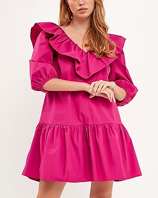 Cocktail & Party English Factory Long Sleeve Ruffled Mini Dress Pink Women's S