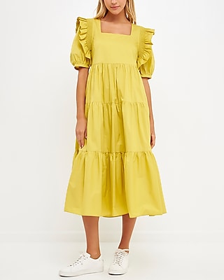 Cocktail & Party English Factory Square Neck Ruffle Smocked Detail Midi Dress Yellow Women's S