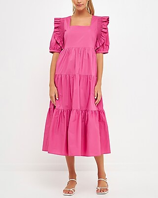Cocktail & Party English Factory Square Neck Ruffle Smocked Detail Midi Dress Pink Women's M