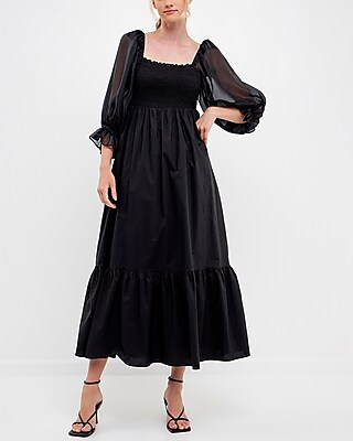 Cocktail & Party English Factory Poplin Organza Midi Dress Black Women's S