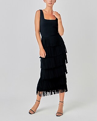 Cocktail & Party Endless Rose Knit Fringe Midi Dress Black Women's S