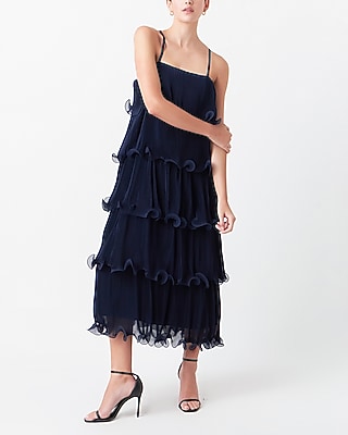 Cocktail & Party Endless Rose Pleated Tiered Long Midi Dress Blue Women's L
