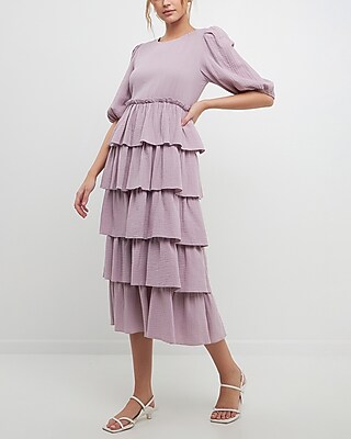 Cocktail & Party Free The Roses Solid Tiered Ruffle Midi Dress Purple Women's S