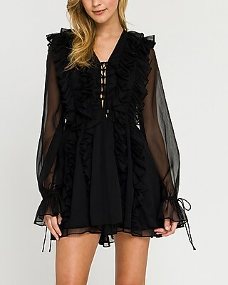 Cocktail & Party Endless Rose V-Neck Chiffon Ruffle Mini Dress Black Women's XS