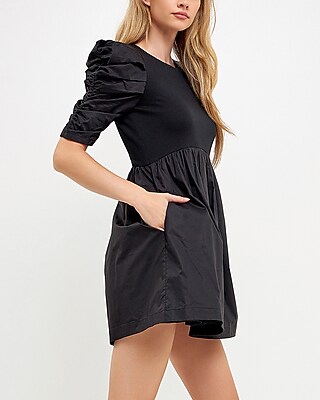 Cocktail & Party English Factory Pleated Puff Sleeve Mini Dress Black Women's L