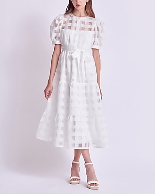 Cocktail & Party English Factory Check Puff Sleeve Midi Dress White Women's M