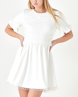 Cocktail & Party English Factory Mixed Media Lace Short Sleeve Mini Dress White Women's L