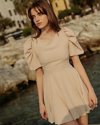 Cocktail & Party Nana's Camille Puff Sleeve Lace Up Mini Dress Neutral Women's S